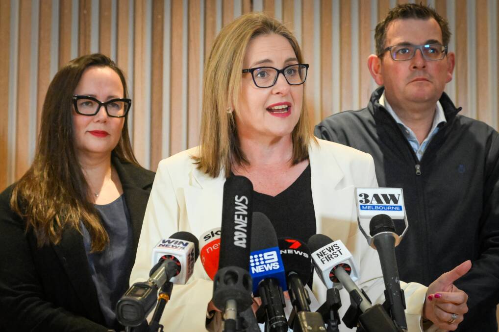 Senior government Games ministers Jacinta Allan (centre), Harriet Shing and premier Daniel Andrews at a July press conference defending the decision to cancel the Games.