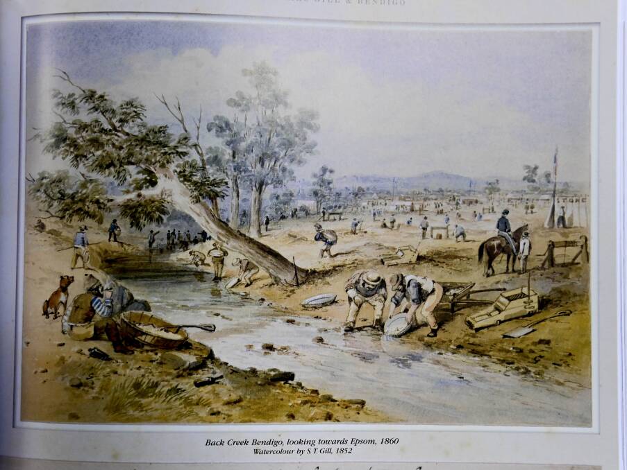 A historic image from Geoff Hocking's book shows Back Creek, Bendigo in 1860.