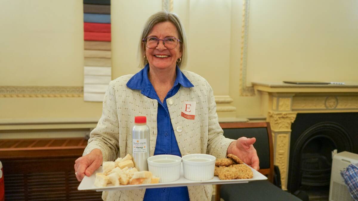 Bunjil Farm owner and licensed hemp farmer Lyn Stephenson, Lauriston, with hemp seed oil, dukkah and ANZAC biscuits.