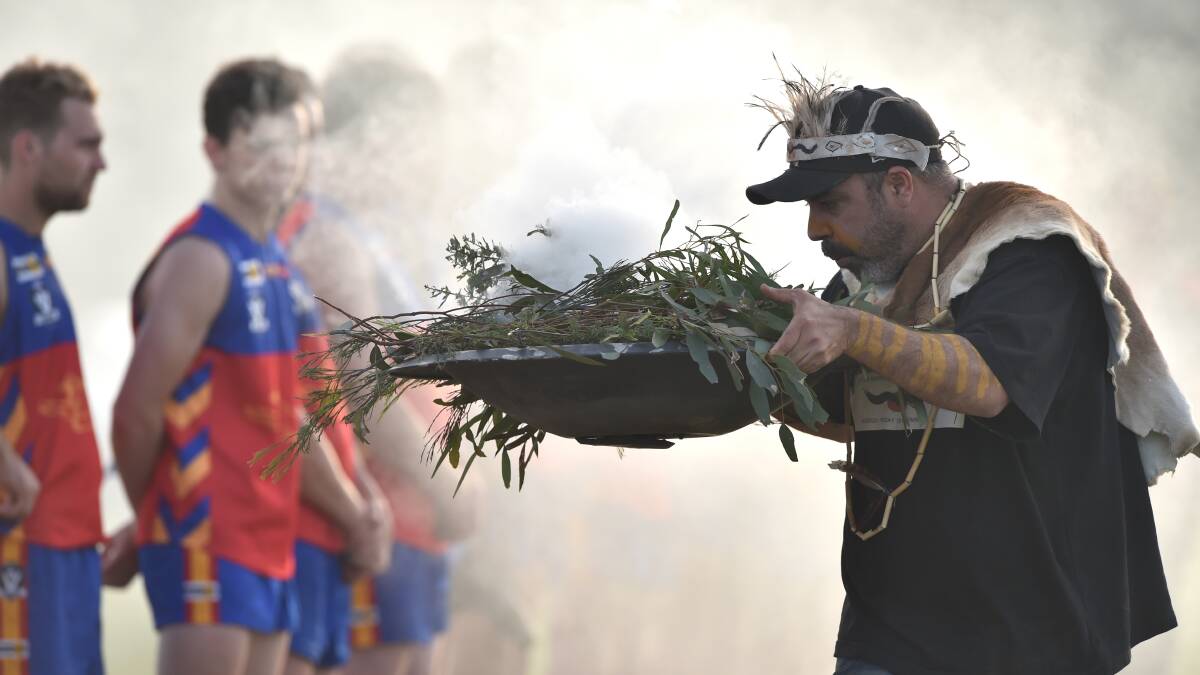 WELCOME: Dja Dja Wurrung member Mick Bourke performing A Welcome to Country at the match between Maiden Gully YCW and Marong. Picture: GLENN DANIELS