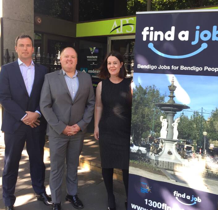 LAUNCH: AFS & Associates Chartered Accountants Bendigo partner Brad Ead, Find A Job managing director Adam Goodes and Bendigo Business Council chief executive Leah Sertori are excited about Find A Job.