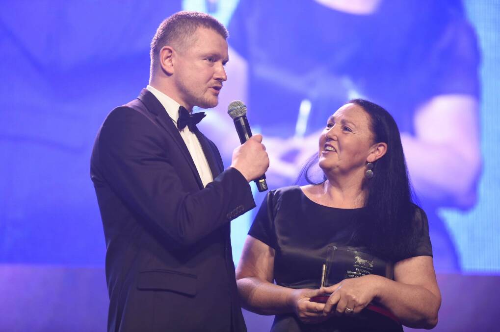 Frank Ryan Memorial club employee of the year Andrea O'Gorman is interviewed by Jason Bonnington on Gordon Rothacker Medal night. Picture courtesy HARNESS RACING VICTORIA