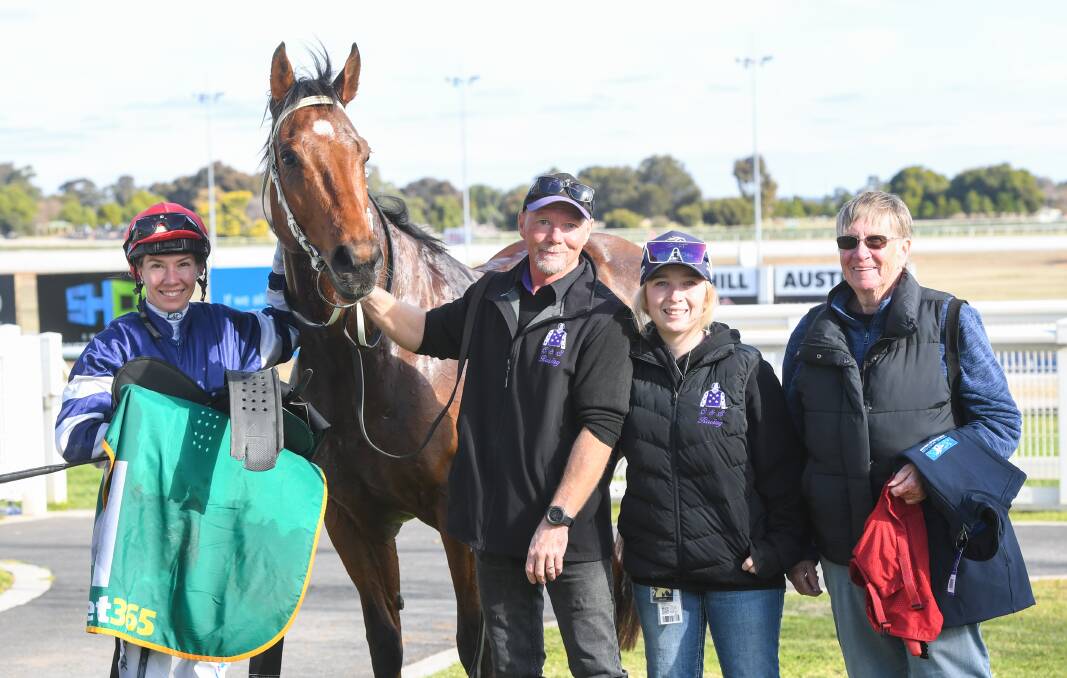 Winning jockey Hannah Le Blanc, owners Craig and Abbie Kirkpatrick, and trainer Ailen Vanderfeen with Da Nang Star following their win at Swan Hill on Saturday. Picture by Brett Holburt/Racing Photos