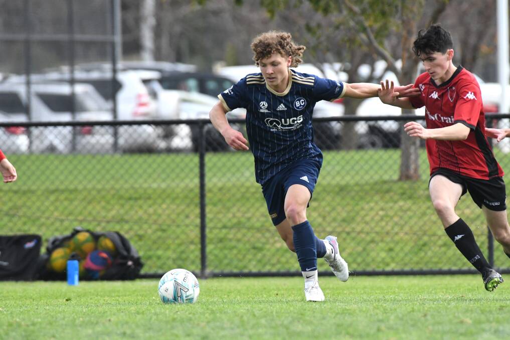 Jack Nuttall puts his best foot forward for Bendigo City in a 1-1 draw against Eltham Redbacks earlier this month. Picture by Noni Hyett