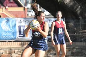Goal defence Sophie Shoebridge prepares to send Sandhurst into attack during Saturday's convincing win over Castlemaine at the QEO. Picture by Kieran Iles