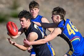 Girton Grammar try to work the ball forward against Bendigo South East College at Tuesday's secondary school football carnival. Picture by Darren Howe