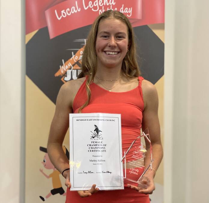Marley Addlem was honoured by Bendigo East Swimming Club at the club's annual awards night. Picture contributed
