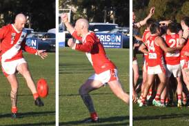 The moment Lachlan Sharp kicked his 100th goal for the season and the celebrations that followed. Pictures by Adam Bourke