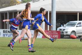 Paynton Jolliffe kicks one of her 13 goals for Golden Square in Sunday's big win over North Bendigo. Picture by Adam Bourke