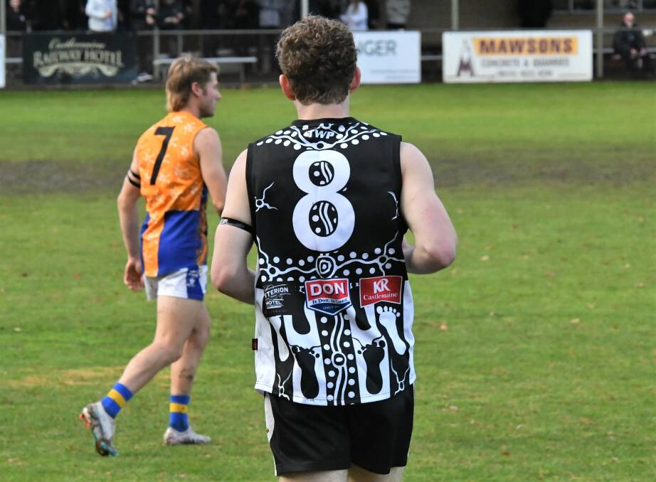 Ashton Keogh wearing the number eight Castlemaine jumper in honour of his brother Dallas. Picture by Adam Bourke