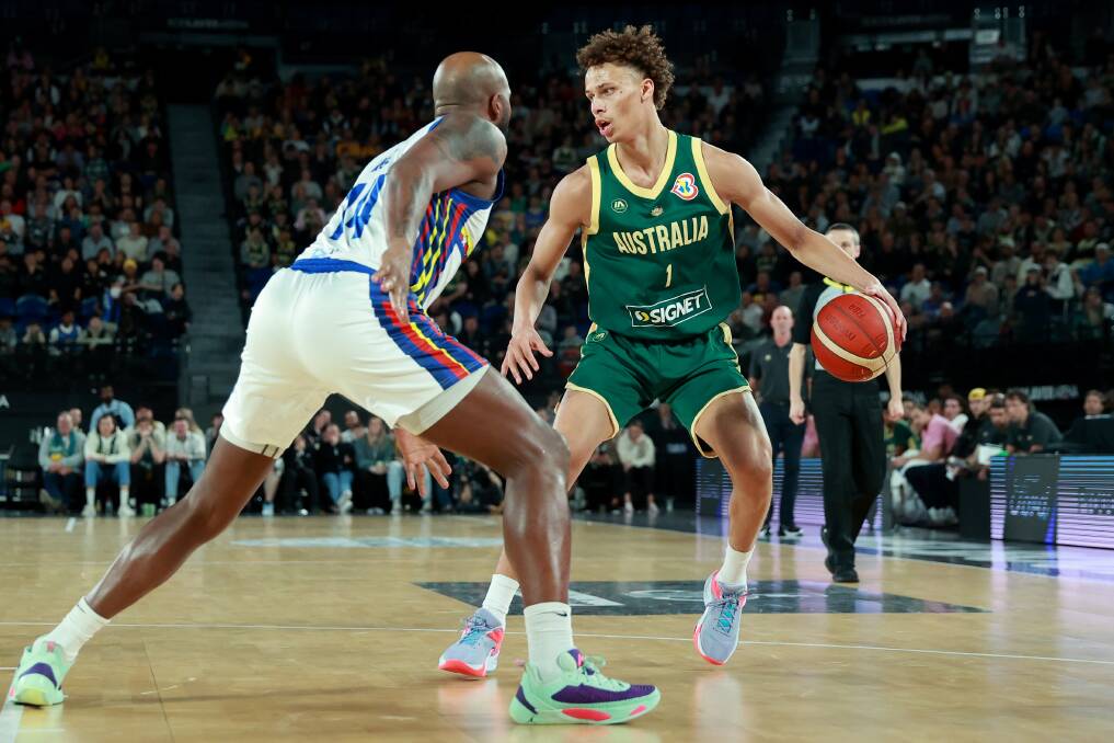 Dyson Daniels running the point for the Boomers in the second half of Monday night's game. Picture by Getty Images