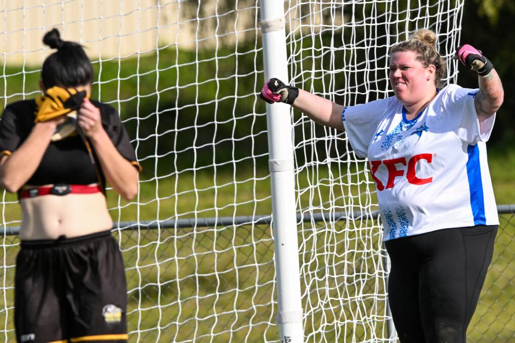 Shepparton United keeper Sheridan Fairless after saving the penalty that secure victory for her club. Picture by Darren Howe
