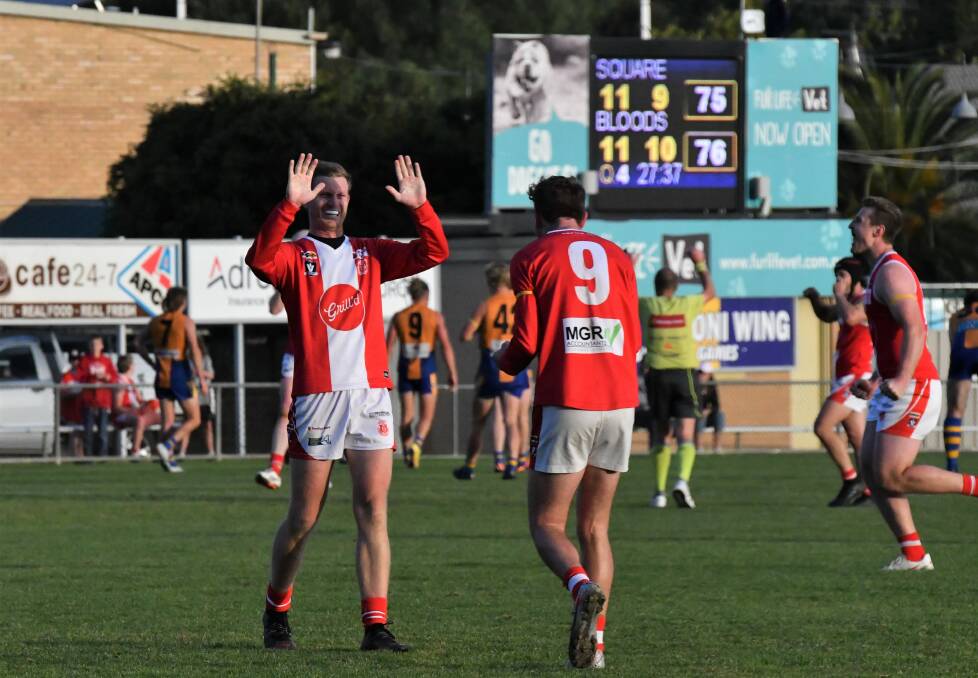 South Bendigo captain Zac Hare and midfielder Brody Haddow celebrate after the final siren at Wade Street. Picture by Adam Bourke