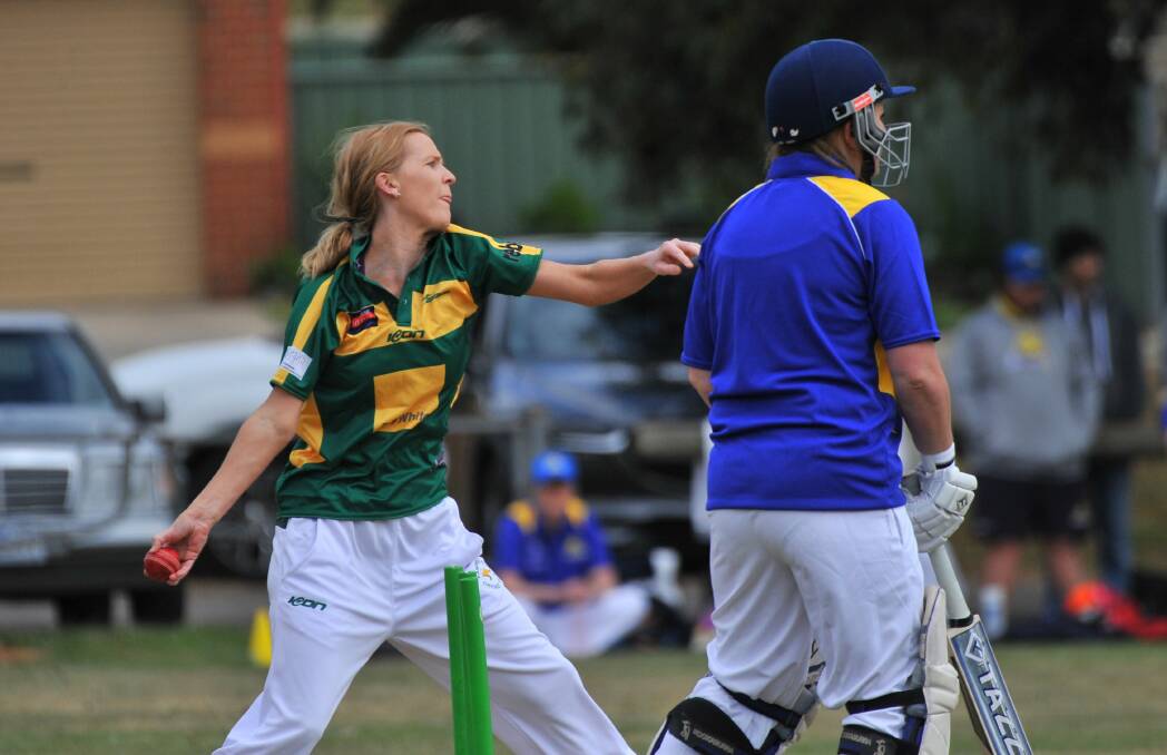GO ROOS: Kangaroo Flat's Rindy Sawyer bowls against Golden Square in round one of the BDCA women's competition. Pictures: ADAM BOURKE