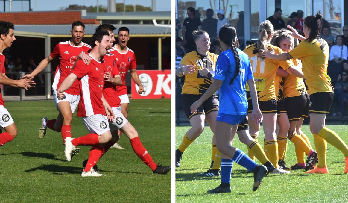 Tatura and Strathfieldsaye Colts United celebrate goals in their respective League One grand final wins. Pictures by Adam Bourke