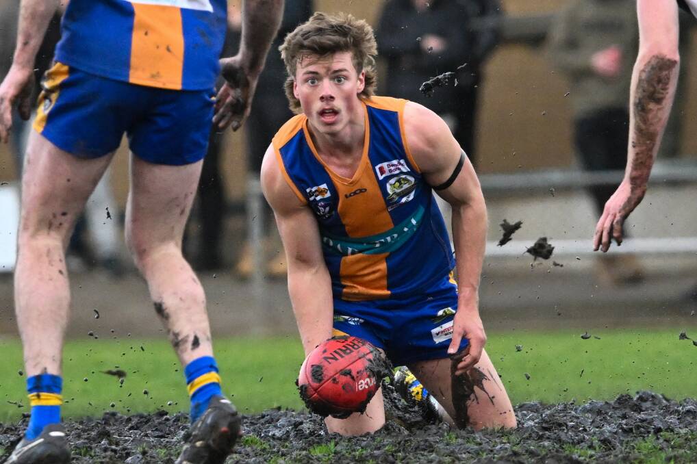 Golden Square midfielder Ricky Monti in the mud during Saturday's win over Strathfieldsaye. Picture by Darren Howe