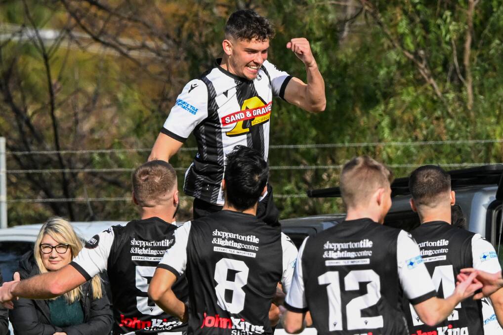 Shepparton South players celebrate their first goal in the 7-2 thrashing of Tatura in the League Cup final. Picture by Darren Howe