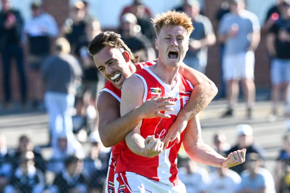 South Bendigo's Cooper Leon and Wil Keck celebrate a goal. Picture by Darren Howe