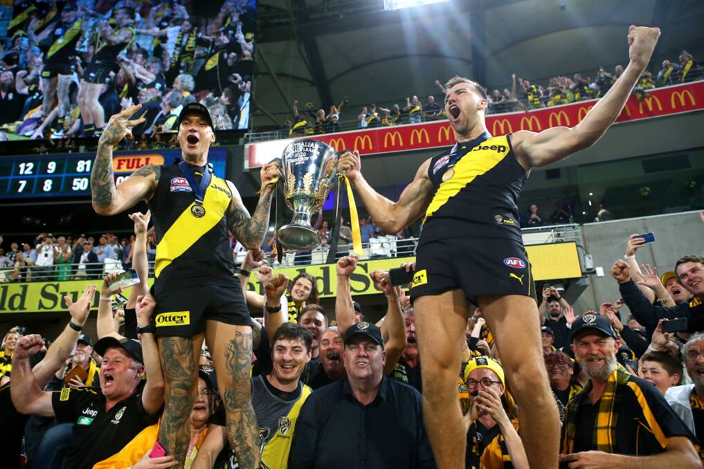 Dustin Martin after leading the Tigers to premiership success in 2020. Picture by Getty Images