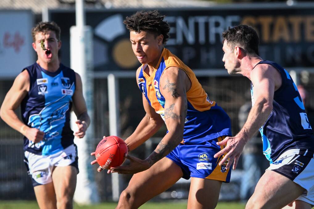 Ruckman Kai Daniels was one of Golden Square's best players in the Bulldogs' win over Eaglehawk. Picture by Darren Howe