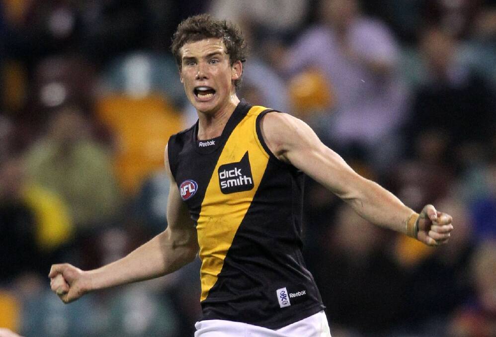 Andrew Collins after kicking a goal for the Tigers. Picture by Getty Images