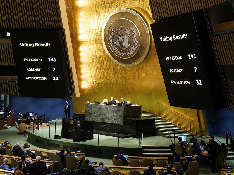 The UN General Assembly has passed a resolution upholding Ukraine's territorial integrity. (AP PHOTO)