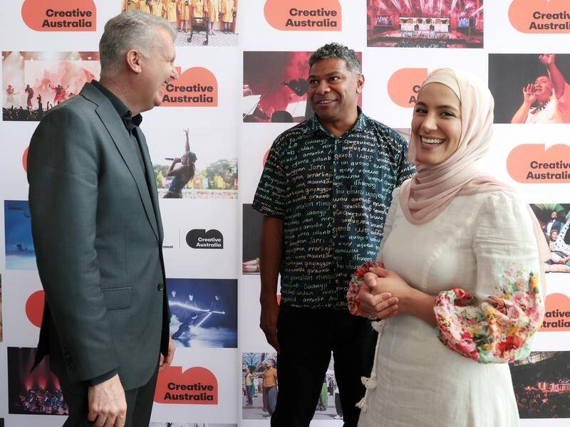 Arts minister Tony Burke (left) with Fred Leone and Sara Mansour at the Creative Australia launch. (Jane Dempster/AAP PHOTOS)