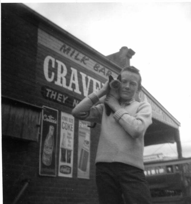 Barry Rohde (and Misty, the cat) , at the northern side of the shop, in about 1964