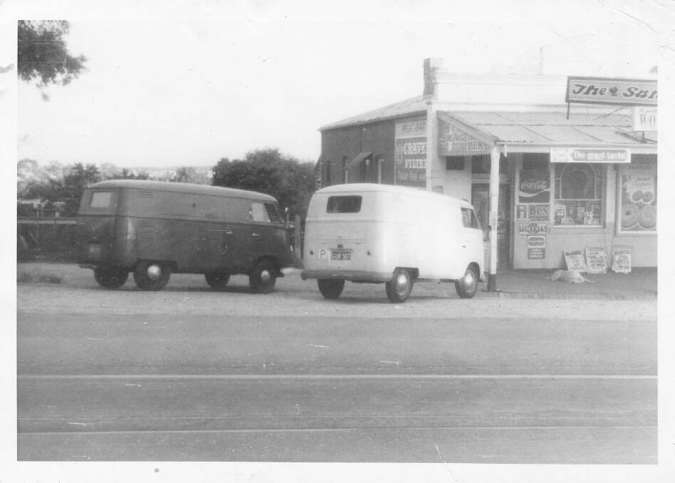 Barry Rohde's VW Kombi in front of shop, around 1970